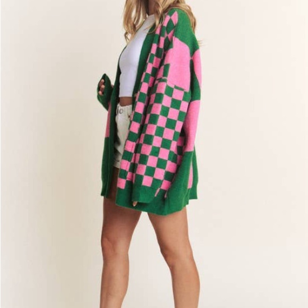 Green and Pink Checkered Women's Sweater - Picture 7 of 7